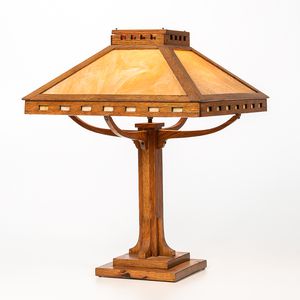Prairie-school Golden Oak and Slag Glass Table Lamp