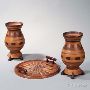 Pair of Marquetry Vases and Tray