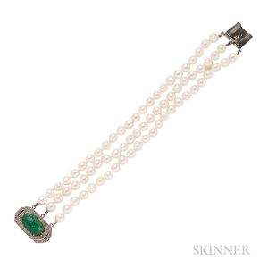 Cultured Pearl, Emerald, and Diamond Bracelet