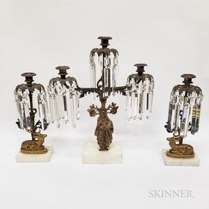 Three-piece Gilt-brass and Glass Prism Girandole Set