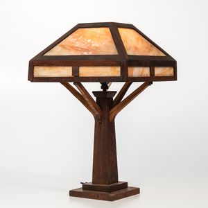 Prairie School Oak and Slag Glass Table Lamp