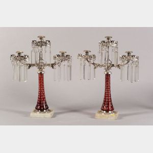 Pair of Ruby Flashed Cut-to-Clear Silvered Metal Mounted Three Light Candelabra