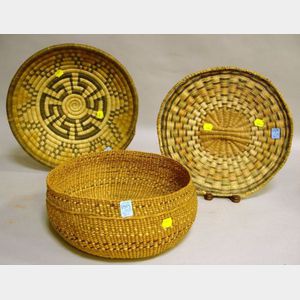 Two Native American Hopi Woven Basketry Trays and a California Woven Basketry Bowl.