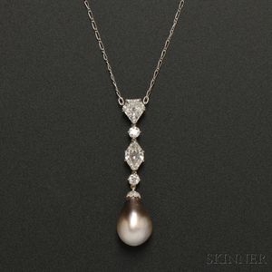 Platinum, Gray Natural Pearl, and Diamond Pendant