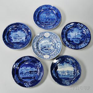 Six Historical Staffordshire Blue and White Transfer-decorated Plates
