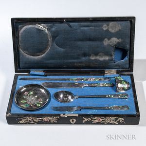 Boxed Set of Japanese Silver and Enamel Tableware