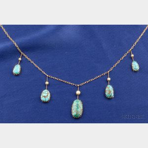 Arts & Crafts 9kt Gold, Turquoise and Seed Pearl Necklace