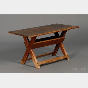 Small Brown-painted Pine Sawbuck Table
