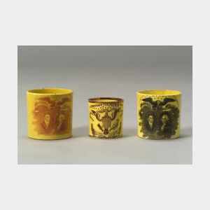 Three Historic Yellow Glazed Transfer Decorated Staffordshire Child&#39;s Mugs