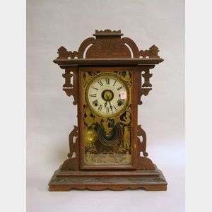 E.N. Welch Clock Co. Victorian Walnut Shelf Clock with Gilt Decorated Glass Panel Door