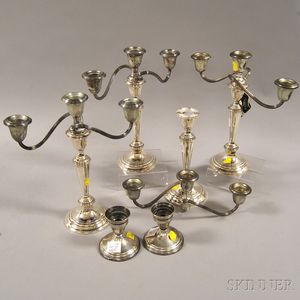 Two Near Pairs of Gorham Weighted Sterling Silver Convertible Three-light Candelabra