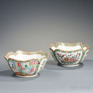 Two Chinese Export Porcelain Rose Medallion Cut Corner Bowls