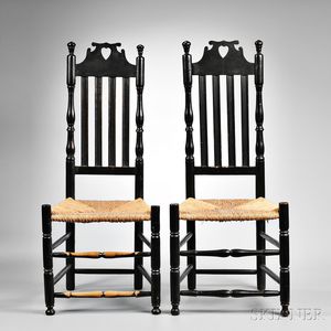 Pair of Black-painted "Bow Tie" Heart and Crown Bannister-back Side Chairs