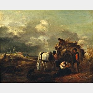 After Philips Wouwerman (Dutch, 1619-1668 Hay Cart, Harvesters, and Family Under a Cloudy Sky