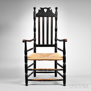Black-painted "Bow Tie" Heart and Crown Bannister-back Armchair