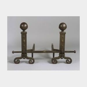 Pair of Bradley and Hubbard Hammered Andirons and Crossbar