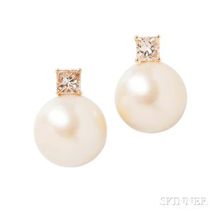 14kt Gold, South Sea Pearl, and Diamond Earrings