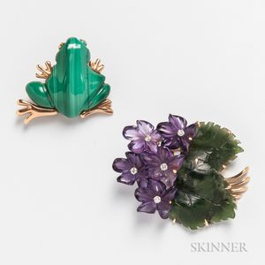 14kt Gold and Malachite Frog Brooch and a 14kt Gold, Hardstone, and Diamond Flower Brooch