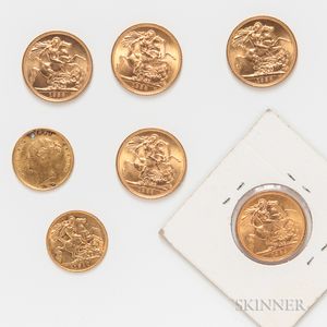 Five Uncirculated British Gold Sovereigns and an 1872 and 1910 Half Sovereign