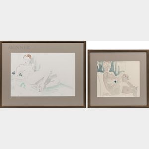 Carol Leake (American, 20th/21st Century) Two Framed Watercolors of Seated or Reclining Nudes.