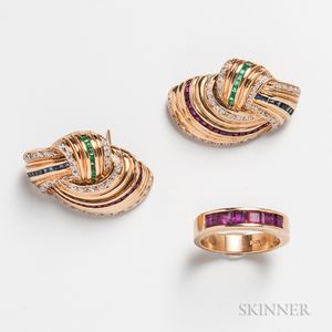 Pair of 14kt Gold, Ruby, Emerald, Sapphire, and Diamond Earrings and a 14kt Gold and Ruby Band