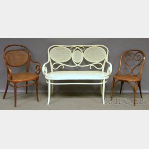 White-painted Art Nouveau Bentwood and Caned Settee and Two Thonet Bentwood and Caned Chairs
