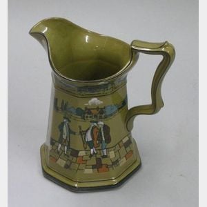1923 Buffalo Pottery Deldare Ware "To advise me in a whisper, To spare an old broken soldier," Pitcher