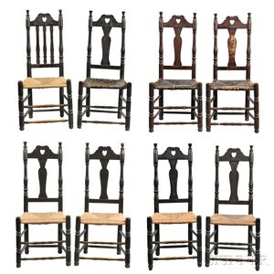 Assembled Set of Eight Black-painted Heart and Crown Side Chairs