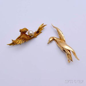 Two 14kt Gold Bird Brooches