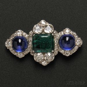 Platinum, Emerald Intaglio, Sapphire, and Diamond Brooch