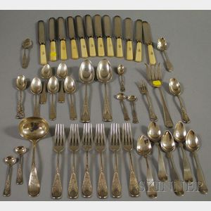 Twelve Lamson & Goodnow Bone-handled Knives and a Group of Silver Flatware
