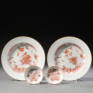 Pair of Chinese Export Porcelain Rouge de Fer Decorated Plates and a Pair of Saucers
