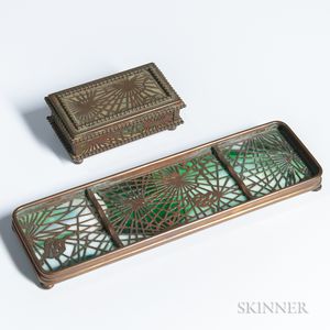 Tiffany Studios Pine Cone Pattern Stamp Box and Pen Tray