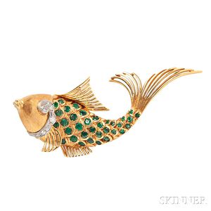 18kt Gold, Emerald, and Diamond Fish Brooch