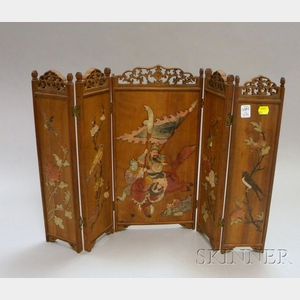 Chinese Export Hardstone-inset Carved Wooden Five-Panel Table Screen