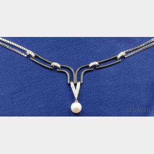 Patinated Steel, 14kt White Gold, Cultured Pearl, and Diamond Necklace, Marsh's