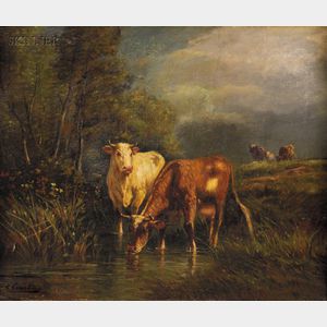 Continental School, 19th/20th Century Cows Watering in a Woodland Stream