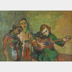 American School, 20th Century Three Young Women with a Guitar.