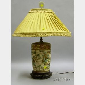 Japanese Satsuma Cannister Table Lamp with Carved Hardwood Base.