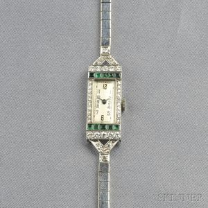 Art Deco Platinum, Emerald, and Diamond Wristwatch