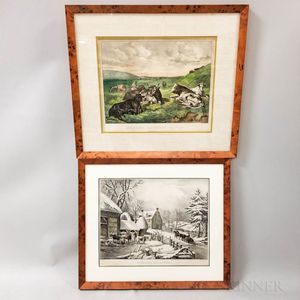 Framed Currier & Ives Hand-colored Lithographs Winter Morning and Hillside Pastures-Cattle
