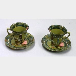 Pair of 1909 Buffalo Pottery Deldare Ware "Ye Village Street" Saucers with a Pair of Flared Demitasse Cups