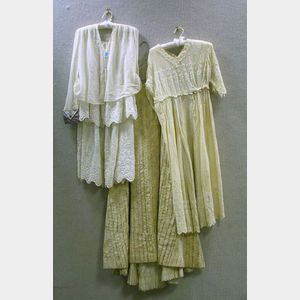Edwardian White Cotton Embroidered Day Dress, a Three-Piece Edwardian Synthetic Crepe Day Dress, and a Floral Striped Silk Full Skirt.
