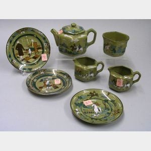 Four-Piece 1908 Buffalo Pottery Deldare Ware "Breaking Cover" Tea Set and Three Assorted Saucers