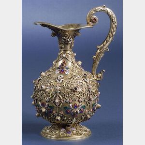 Italian Gold-washed Sterling Jeweled and Enameled Ewer
