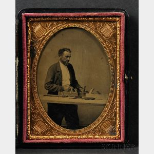 Quarter Plate Tintype Portrait of a Carpenter at His Workbench