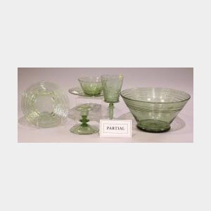 Approximately Thirty-piece Set of Threaded Moss Green Blown Glass Stemware, Plates and Bowls.
