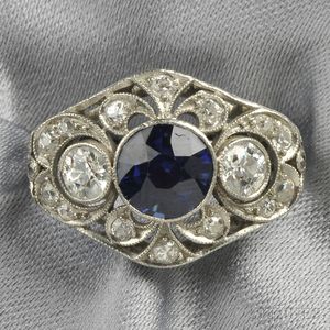 Art Deco Platinum, Synthetic Sapphire, and Diamond Ring