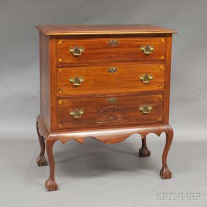 Queen Anne-style Carved and Inlaid Mahogany Three-drawer Chest on Frame