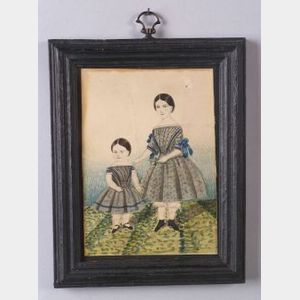American School, 19th Century Watercolor Portrait of Two Sisters.